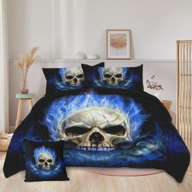 4 Piece Blue Fire Skull Comforter Set, 3D Skeleton Printed Bedding With 1 Comforter, 2 Shams, 1 Cushion Cover, Black Queen Size