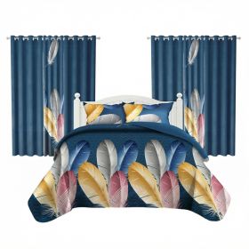 9 Piece Room In A Bag Quilt And Curtain Set, US Designer Navy Blue Boho Feather Print Heavyweight Bedspread With 6 Customizable Window Panels, Pe (Option: QUEEN)