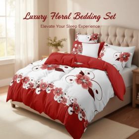 Red White Floral Duvet Cover Set 5-Piece, Queen Size - Includes Duvet Cover with Ties, 2 Pillowcases & 2 Decorative Shams | Ultra-Soft Microfiber (Option: Red White Floral-King)