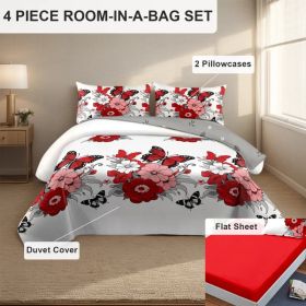 4-Piece Red Butterfly Floral Bedding Set (Queen/King/Cal King) - Microfiber Duvet Cover + Pillow Shams + Fitted Bed Sheet (Option: red butterfly peony-QUEEN)