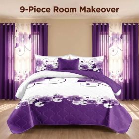 Purple White Gardenia 9 Piece Bedding Set, Washed Microfiber Bedspread with Matching Curtains and Pillowcases, Queen King Cal King, Soft Cooling (Option: Purple White Gardenia-QUEEN)