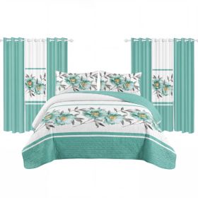 9 Piece Room In A Bag Quilt And Curtain Set, US Designer Teal Floral Botanical Print Heavyweight Bedspread With 6 Customizable Window Panels, Pet (Option: QUEEN)