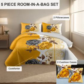 5-Piece Gold & Gray Floral Bedding Set (Queen/King/Cal King) - Microfiber Quilt + Pillow Shams (Option: Yellow Blossom-CAL KING)