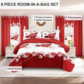 Red White Floral Duvet Cover & Curtain Set 9 Piece, Queen Size - Coordinated Bedding Bundle with Sheer Grommet Drapes, 2 Pillowcases & Matching C (Option: red/white gardenia-KING)