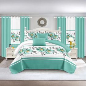Quilted Bedspread & Curtain Set 9 Piece, Queen Size - Bedding Ensemble with Sheer Filtering Drapes, 1.6" Grommet Top, Machine Washable (Option: green rose-CAL KING)
