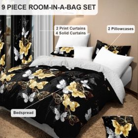 9-Piece Black & Gold Butterfly Bedding & Curtain Set (Queen/King/Cal King) - Quilted Microfiber Bedspread + Sheer Curtains (Option: black/gold butterfly-CAL KING)