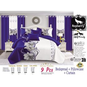 9-Piece Blue And White Lotus Bedspread And Curtain Set For King (Option: KING)