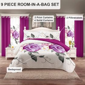 9-Piece Purple Rose Bedding & Curtain Set (Queen/King/Cal King) - Quilted Microfiber Bedspread + Sheer Curtains (Option: pink rose-QUEEN)