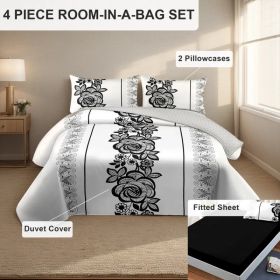 4 Piece Soft All-Season Washed Microfiber Cover Set , Queen/King/Calking Bedding Set With Zipper Closure, Sheet, Pillowcases,Print, Moisture-Wick (Option: black/white boho flower-CAL KING)