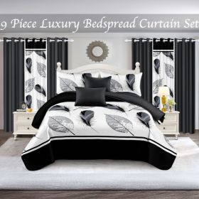 9-Piece Black And White Feather Bedspread And Curtain Set, Reversible Microfiber Bedding Set For King And California King (Option: KING)
